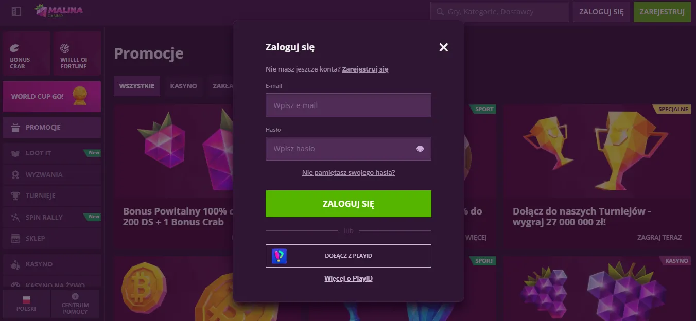 Malina Casino login dla obecnych użytkowników
